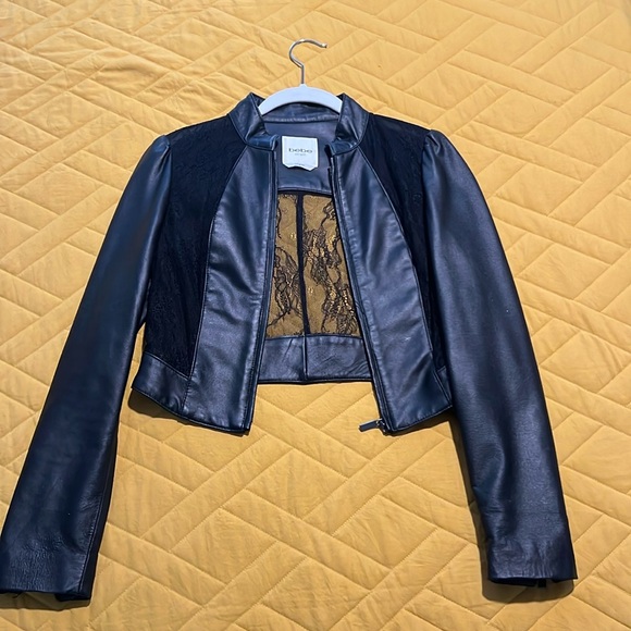 Black Leather w/ Lace bebe cropped jacket - Picture 2 of 4